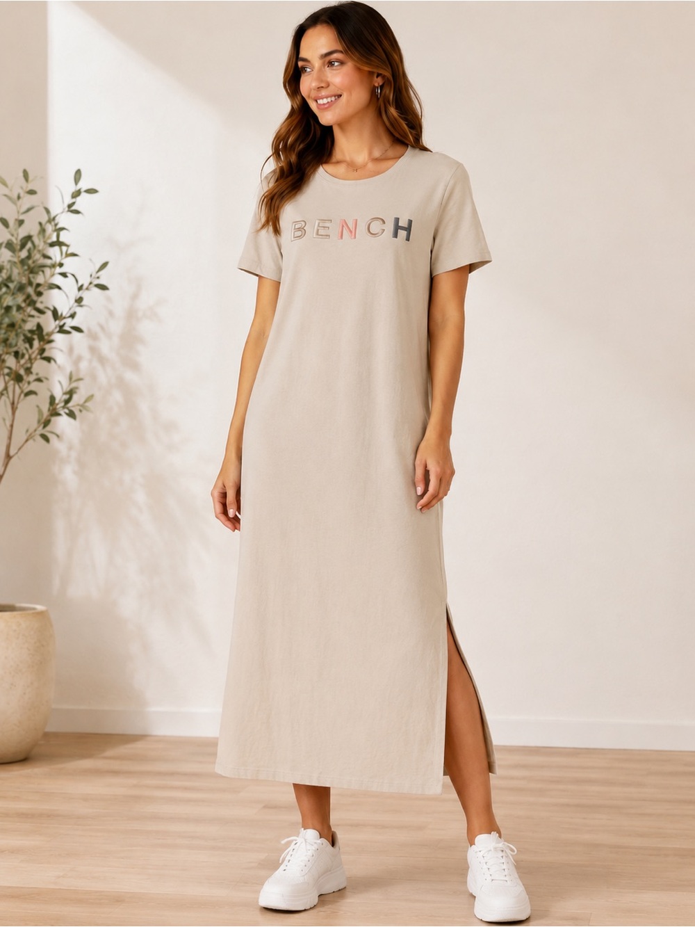 NWOT Bench Beige Logo T-Shirt Maxi Dress Medium Embroidered Graphic Cotton